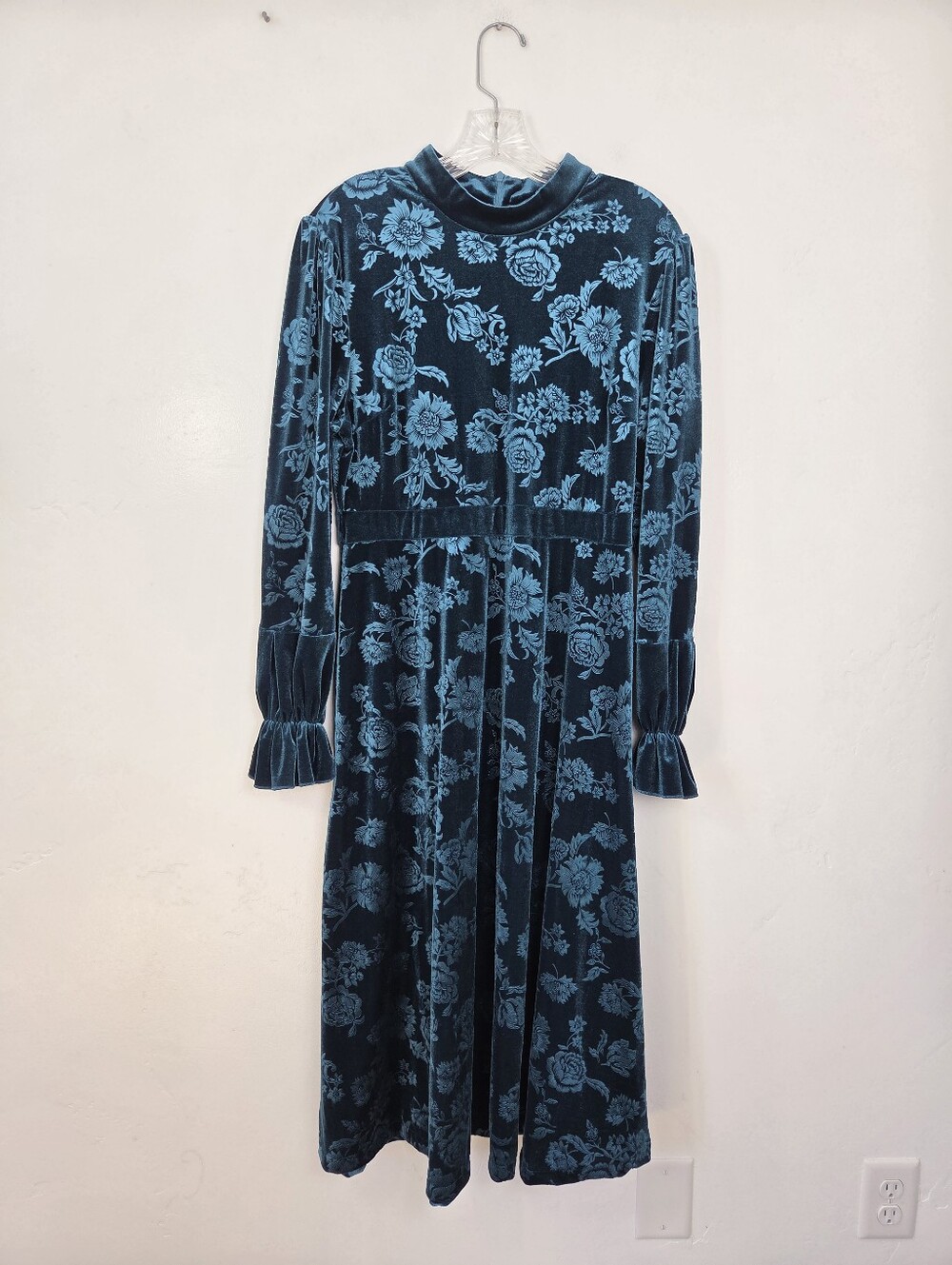 Velvet Floral Brocade Maxi Dress Teal Turquoise Green Modest Church Wedding XL